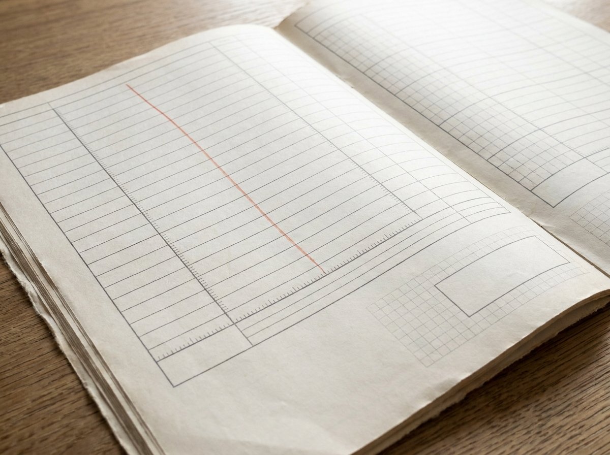 Structured analytical document with ruled columns and measurement marks representing benchmark methodology transparency