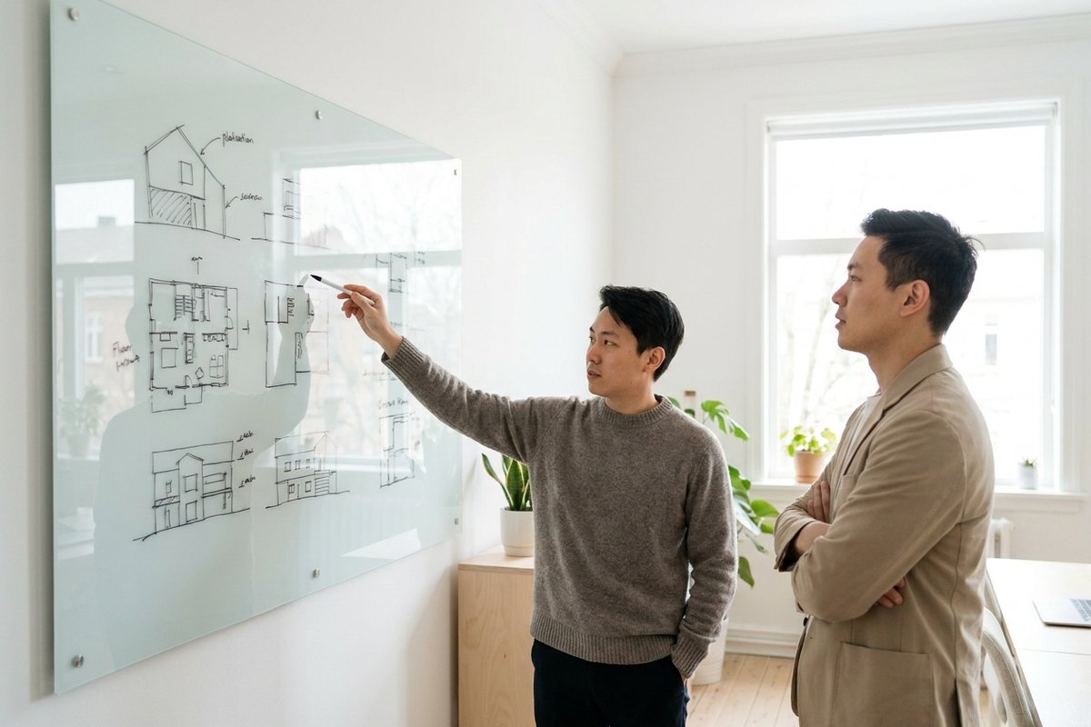 Founders collaborating on revenue engine architecture in a minimal office setting