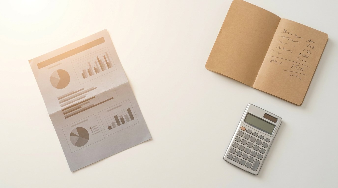 Desk with diagnostic worksheet, revenue notebook and calculator representing the RevXForge platform tools