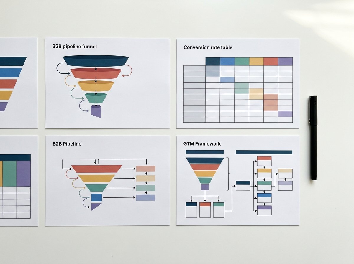 Overhead view of organised B2B revenue research materials including funnel diagrams and framework sheets