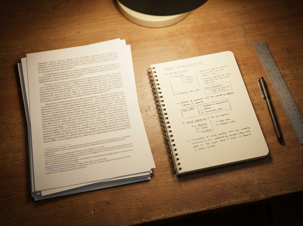 Organized research desk with source documents, citation markers, and structured analysis notes
