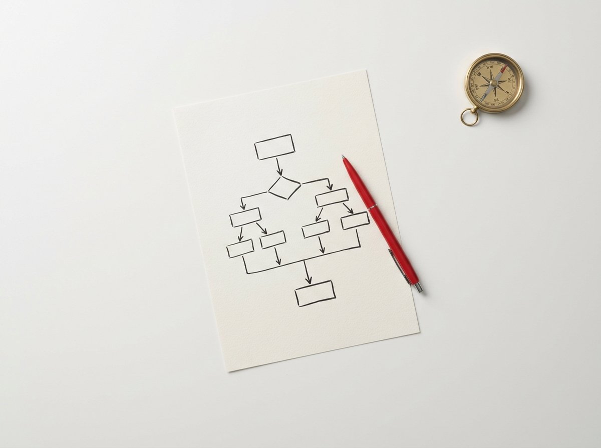 Overhead flat-lay of a decision flowchart on paper with a red pen and compass suggesting structured diagnostic process