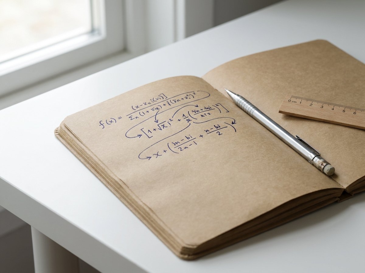 Open notebook with a mathematical formula written in ink beside a ruler and pencil, evoking transparent methodology